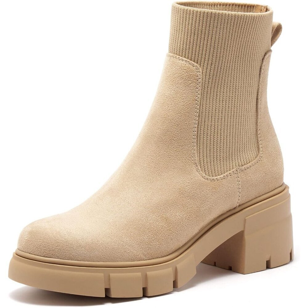 Women's Nude Suede Elastic Chelsea Boots Chunky Block Heel Platform Lug Sole